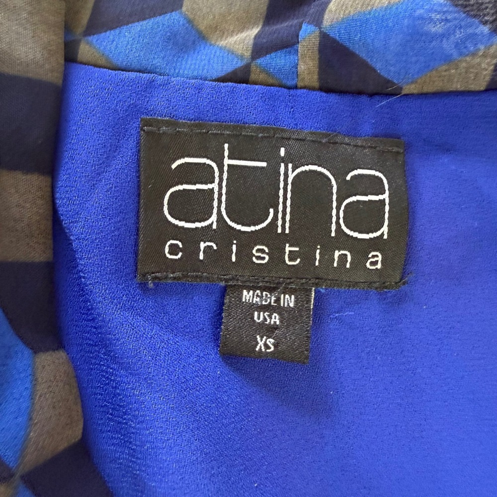 Atina Cristina Geometric Cube Print Tie Neck Shift Mini‎ Dress Pink Blue XS USA - Picture 4 of 7